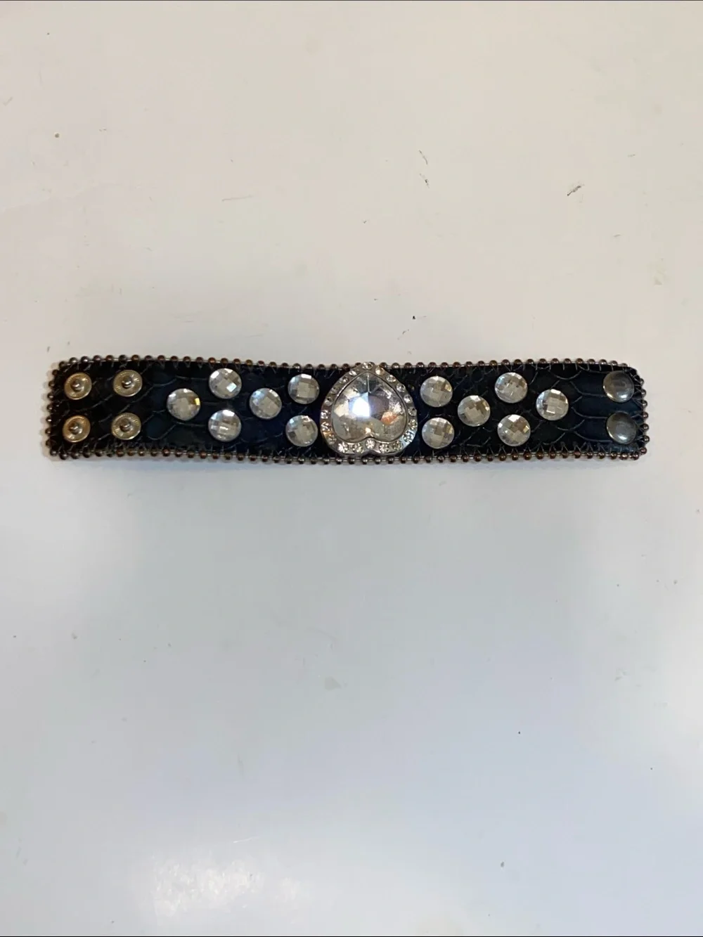 Heart Faux Crystal Studded Leather Cuff Bracelet - Black with Clear Gems Unisex